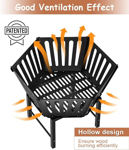 22.5 Inch Portable Hexagon Fire Pit with Travel Bag — Heightened Smokeless Design Outdoor Wood Burning Fire Pit for Camping, Backyard, Patio, Bonfire, Picnic and BBQ, Vertical Hollow Style