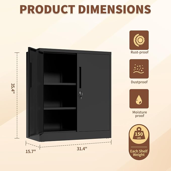 36" H Storage Cabinet with 2 Doors and 2 Adjustable Shelves, Garage Storage Cabinet with Lock, Metal Storage Cabinet, Locking Tool Cabinet Utility Cabinets for Home Office, Garage, Bathroom
