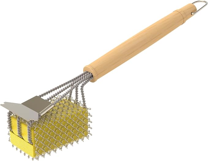 Bristle-Free Grill Brush with Scraper - Safe Steam Clean BBQ Brush with 18" Heat-Resistant Handle, 304 Stainless Locked-Core Mesh Head & HD Scraper | No Loose Wires Design | Grill Grate Cleaner Tool