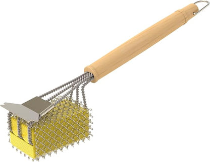 Bristle-Free Grill Brush with Scraper - Safe Steam Clean BBQ Brush with 18" Heat-Resistant Handle, 304 Stainless Locked-Core Mesh Head & HD Scraper | No Loose Wires Design | Grill Grate Cleaner Tool