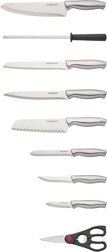 Farberware 15-Piece Knife Block Set, High Carbon Stainless Steel Kitchen Knife Set with Graphite Block, Chef Knife, Bread Knife, Santoku, Steak Knives, and Sharpening Steel