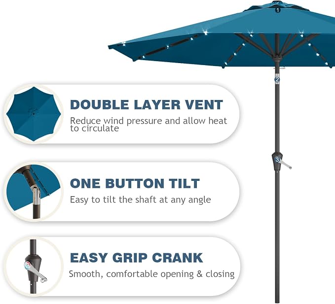 9FT Patio Umbrella with Solar Lights,Outdoor Market Umbrella with Tilt and Crank, LED Lighted Table Umbrella for Garden,Deck,Backyard,Pool,Beach (Lake Blue)