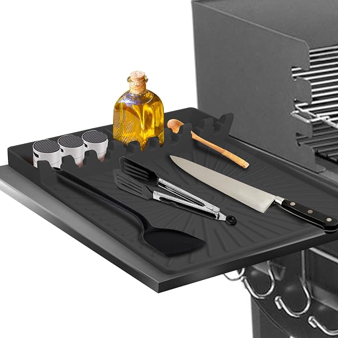 Koolstuffs Silicone Grill Mat, Large Size Silicone Side Shelf Griddle Tools Spatula Mat with Drip Pad for Outdoor Grill Kitchen Countertop, Reusable Black-Stone Griddle Accessories, Gray