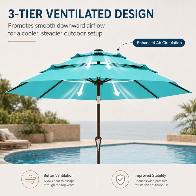 10ft Patio Umbrella, 3-Tier Vented Outdoor Table Umbrella with 8 Sturdy Fiberglass Ribs, Windproof Market Umbrella with Push Button Tilt and Crank, UV Protection for Deck, Pool, Aqua Blue