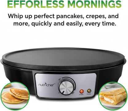 Nutrichef Electric Crepe Maker Pan & Griddle | 12 Inch Nonstick Cooktop | LED Indicators & Adjustable Temperature Control | Includes Spatula, Batter Spreader | Cooks Crepes, Roti & Pancakes