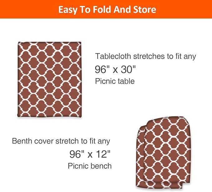 8ft 96" Picnic Table and Bench Cover, 3 Pack, Coffee-White Moroccan | Waterproof, Windproof, Elastic Fitted Edges Tablecloth, for Rectangle Table & Seat, Camping Essentials RV Gear