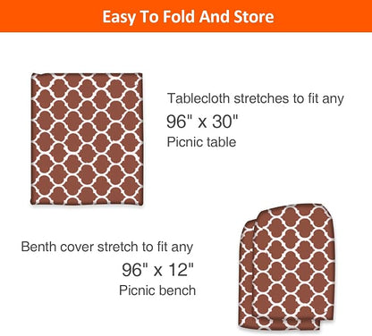 8ft 96" Picnic Table and Bench Cover, 3 Pack, Coffee-White Moroccan | Waterproof, Windproof, Elastic Fitted Edges Tablecloth, for Rectangle Table & Seat, Camping Essentials RV Gear