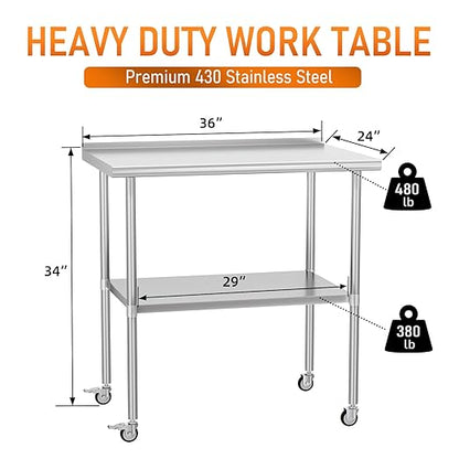 Stainless Steel Prep Table 24" X 36" with Adjustable Undershelf, Backsplash and Wheels, Commercial Metal Workstations for Kitchen, Garage, Outdoor BBQ