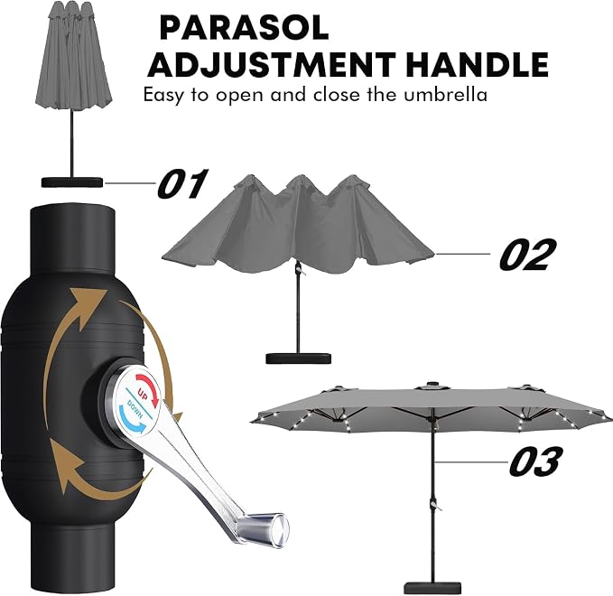 15ft Double-Sided Rectangle Patio Umbrella with 36 LED Solar Lights & Base | UV50+ Weather-Resistant Outdoor Umbrella,Crank Lift,Patio Shade for Pool,Garden,Backyard,Gray