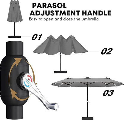 15ft Double-Sided Rectangle Patio Umbrella with 36 LED Solar Lights & Base | UV50+ Weather-Resistant Outdoor Umbrella,Crank Lift,Patio Shade for Pool,Garden,Backyard,Gray