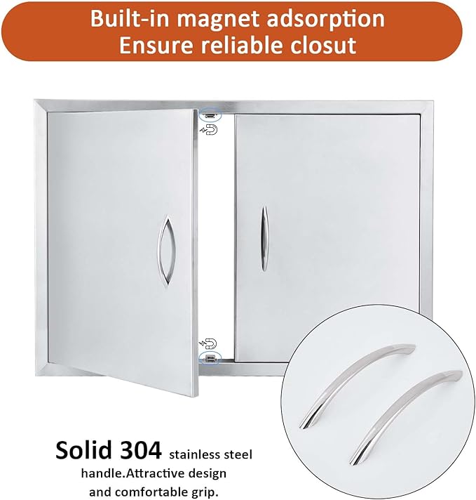 JIE JIN 30" W X 21" H Outdoor Kitchen Doors Double Doors Thickened 304 Brushed Stainless Steel BBQ Access Door BBQ Island Doors Outdoor Kitchen Accessories Door for Outdoor Kitchen BBQ Island