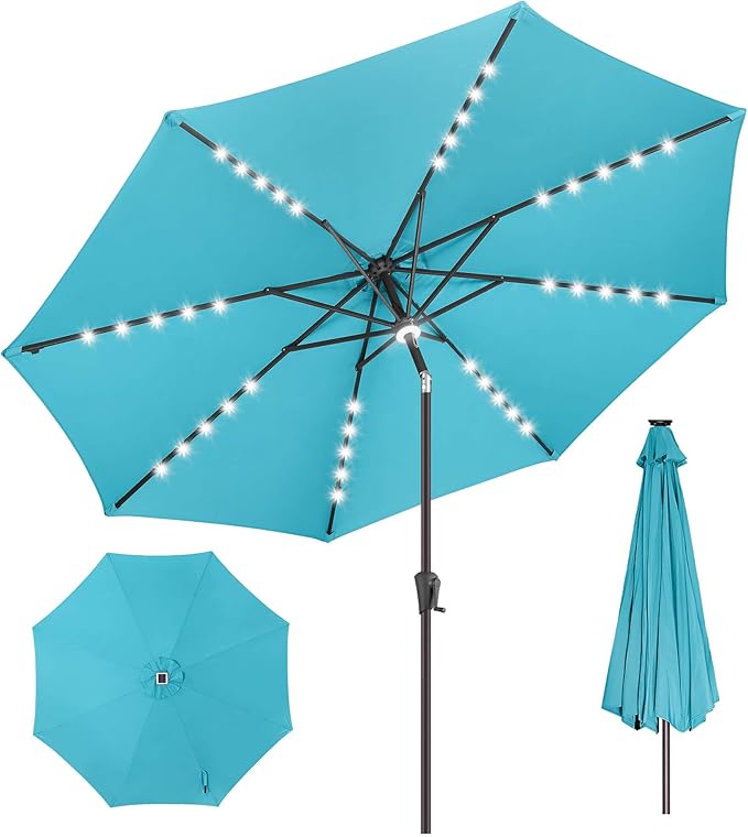 Solar Patio Umbrella with Centre Light, 9 ft Aqua Blue | 40 LED Lights, UV Protection, Solar Outdoor Umbrella for Porch, Deck, Pool, Table, Garden, Provides Evening Lighting