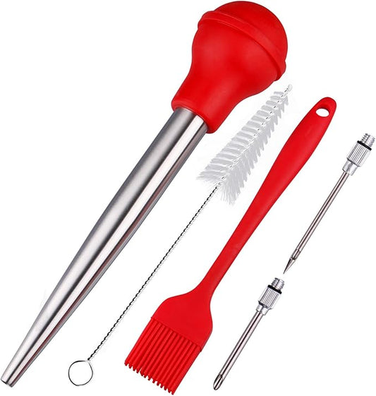 Turkey Baster, 18/8 Stainless Steel Turkey Baster Syringe for Cooking, Meat Injector Baster Set with 2 Needles & 2 Cleaning Basting Brush, Baster for Flavor Meat Poultry, Beef&Chicken Red