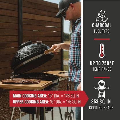 GRILLA Medium Kong Ceramic Charcoal Grill with Venting System, Heavy-Duty Ceramic, 350 Square Inches of Cook Space, For Outdoor Grilling, Smoking, and Baking