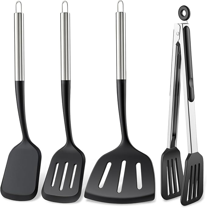 Silicone Spatula Set for Cooking BBQ with 12" Grill Tongs Large Turner-4Pcs | Wide Pancake Steak Burger Spatulas, Heat Resistant Scratch-Free Kitchen Griddle Utensils Barbecue Tools for Nonstick Cookware