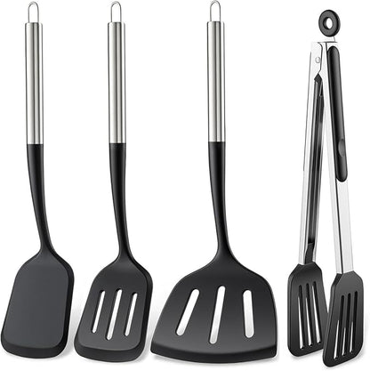 Silicone Spatula Set for Cooking BBQ with 12" Grill Tongs Large Turner-4Pcs | Wide Pancake Steak Burger Spatulas, Heat Resistant Scratch-Free Kitchen Griddle Utensils Barbecue Tools for Nonstick Cookware