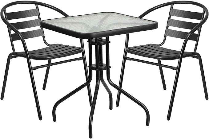 Flash Furniture Lila 23.5'' Square Glass Metal Table with 2 Black Metal Aluminum Slat Stack Chairs