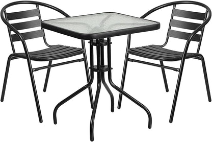 Flash Furniture Lila 23.5'' Square Glass Metal Table with 2 Black Metal Aluminum Slat Stack Chairs
