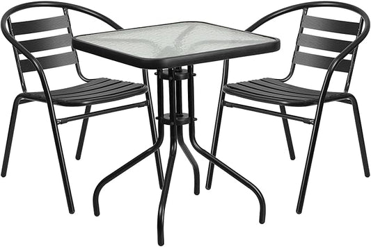 Flash Furniture Lila 23.5'' Square Glass Metal Table with 2 Black Metal Aluminum Slat Stack Chairs