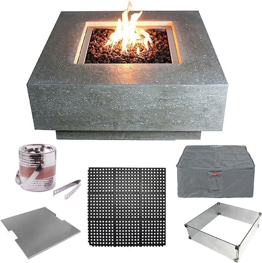 Elementi Manhattan Bundle Outdoor Firepit Set Includes 36” Propane Concrete Firepit Table, Glass Windscreen, Stainless Steel, Tank/Canvas Cover, Floor Mat, Ice Bucket