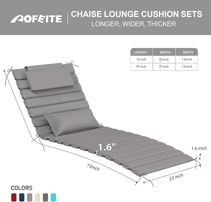 2 Sets of Outdoor Water-Resistant Olefin Chaise Lounge Cushions with Headrest and Pillow, Weather and Fade Resistant Foldable Quilted Lounge Chair Pads with Straps, Light Gray, 73" L x 22" W
