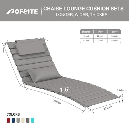2 Sets of Outdoor Water-Resistant Olefin Chaise Lounge Cushions with Headrest and Pillow, Weather and Fade Resistant Foldable Quilted Lounge Chair Pads with Straps, Light Gray, 73" L x 22" W
