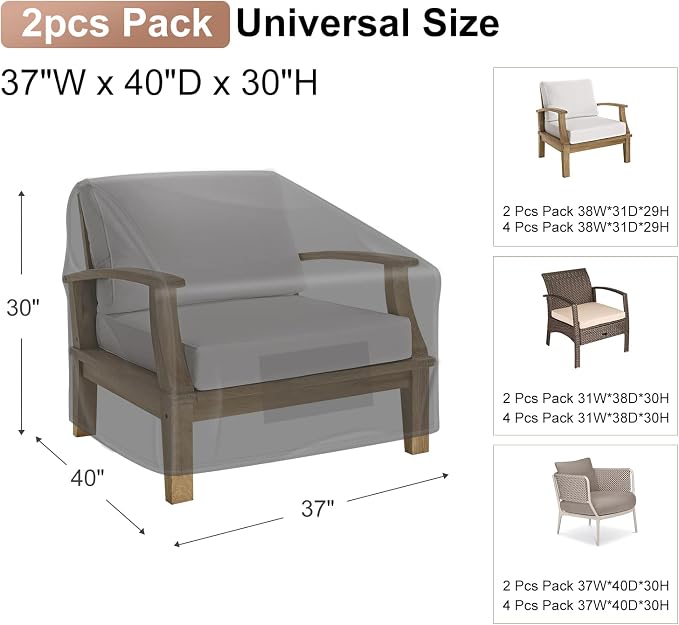 2 Pack Outdoor Patio Chair Covers Waterproof 37"Wx40"Dx30"H, Black | Patio Furniture Covers Protect from Rain, Dust & UV; Heavy-Duty Oxford Fits Lounge, Deep Seat & High Back Chairs on Lawns