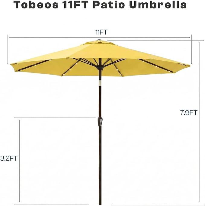 11FT Solar Lighted Patio Umbrella, Outdoor Table Market Umbrellas with Crank Lift, 32 LED Lights, 8 Sturdy Ribs, UV-Resistant for Deck, Garden, Pool