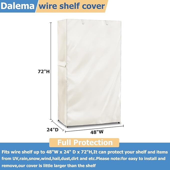 Storage Shelf Cover,Outdoor Heavy Duty 600D 48''W x 24''D x 72''H Dustproof Waterproof Shelf Covers for Wire Shelving,Storage Rack Cover with Zipper,White