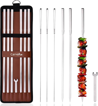 Innovative Thermal Insulation Handle BBQ Skewers Set - 6 Stainless Steel Wide BBQ Kebob Sticks For Grill - Flat Metal With 1 Food Remover Bar - 16.7' Inch Metal Kabob Skewers