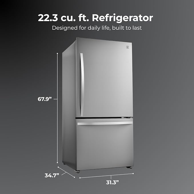 Kenmore 22.3 cu. ft. 31" Bottom Freezer Refrigerator - FPR Stainless Steel | Ice Maker, Adjustable Glass Shelving, Crispers Drawers, LED Lighting, Fingerprint Resistant SS, ENERGY STAR Certified