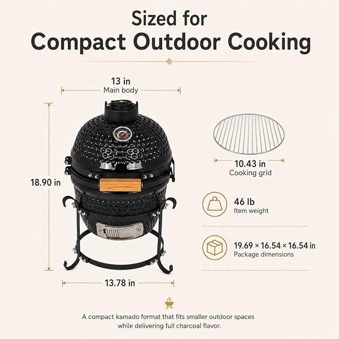 Ceramic Charcoal BBQ Kamado Griller - Portable Small Tabletop Smoker - Round Barbecue Grill and Cooker for Variations on Cooking (Black)