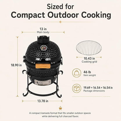 Ceramic Charcoal BBQ Kamado Griller - Portable Small Tabletop Smoker - Round Barbecue Grill and Cooker for Variations on Cooking (Black)