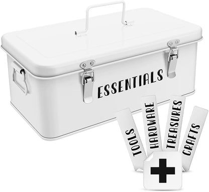 Flexzion 12-Inch Metal Seed Storage Box with Lid, 4 Compartments, White | Seed packet organizer with dual latches and carry handles for gardening supplies, tools, crafts and household essentials