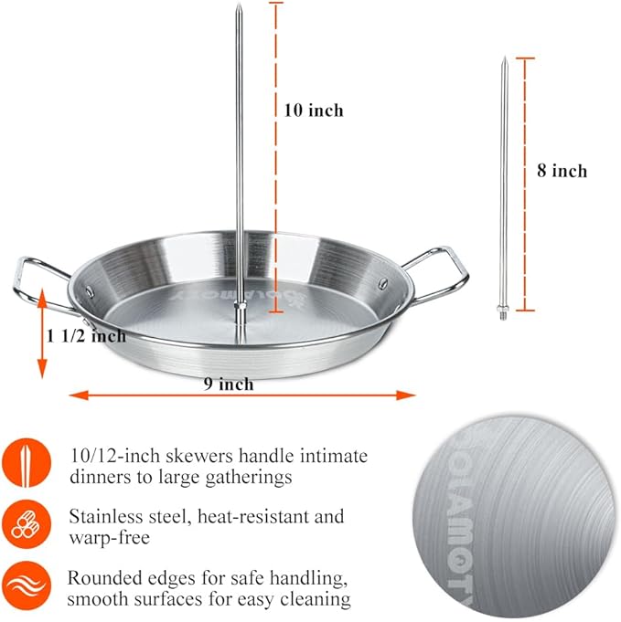 BBQ Vertical Skewer Pan Stainless Steel Gyro Spit Shawarma Stand for oven, Al Pastor Skewer for Grill, El Pastor Hack for Tacos Al Pastor Chicken, Brazilian, with 8",10" stick