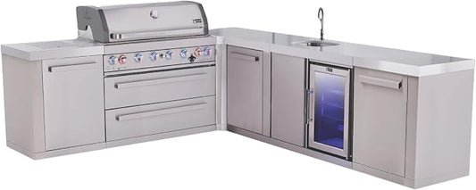 Mont Alpi Premium 94"W x 113"D Stainless Steel L-shaped Modular Outdoor Kitchen Island with Refrigerator Faucet & Sink + 44"W 6-Burner BBQ Gas Grill + Granite Countertops + Storage Cabinets + Drawers