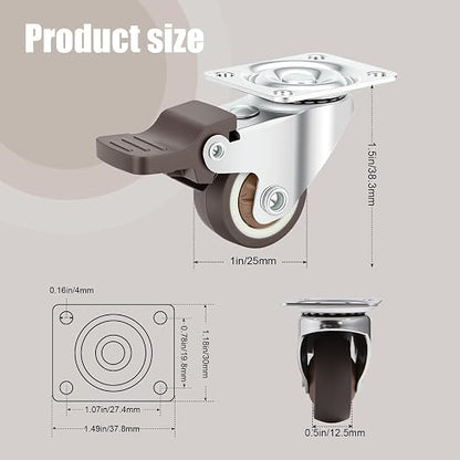 Nefish 4 Pack 1" Small Caster Wheels for Furniture Low Profile Soft Rubber Casters Swivel Plate Castors Rolling Smooth, Load Capacity 100 Lbs for Set of 4 (2 with Brake and 2 Without)