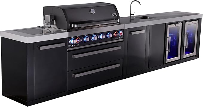 Mont Alpi Black Stainless Steel Premium 157"W Modular Outdoor Kitchen Island with 2 Refrigerators + Beverage Center Faucet & Sink + 44"W 6-Burner BBQ Grill + Side Burner + Storage Cabinets & Drawers