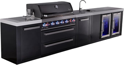 Mont Alpi Black Stainless Steel Premium 157"W Modular Outdoor Kitchen Island with 2 Refrigerators + Beverage Center Faucet & Sink + 44"W 6-Burner BBQ Grill + Side Burner + Storage Cabinets & Drawers