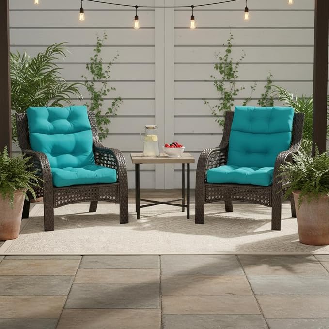 Outdoor Tufted High-Back Chair Cushions, One-Piece Hinged Seat and Back Design, Reversible with 4 Ties, Durable Polyester Fabric, Recycled Fiber Fill - Single, Peacock