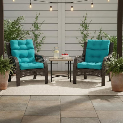 Outdoor Tufted High-Back Chair Cushions, One-Piece Hinged Seat and Back Design, Reversible with 4 Ties, Durable Polyester Fabric, Recycled Fiber Fill - Single, Peacock