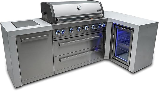 Mont Alpi 94"W x 50"D Deluxe Stainless Steel L-shaped Modular Outdoor Kitchen Island + Infrared Side Burner + Refrigerator + 44"W 6-Burner BBQ Grill + Granite Countertops + Storage Cabinets & Drawers