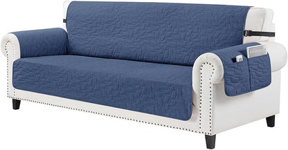 CUCRAF Non Slip Quilted Sofa Cover, Water Resistant Slipcover Furniture Protector for 3 Cushion Sofa Pet Friendly, Washable Couch Cover with Adjustable Elastic Straps (X-Large, Dark Blue)