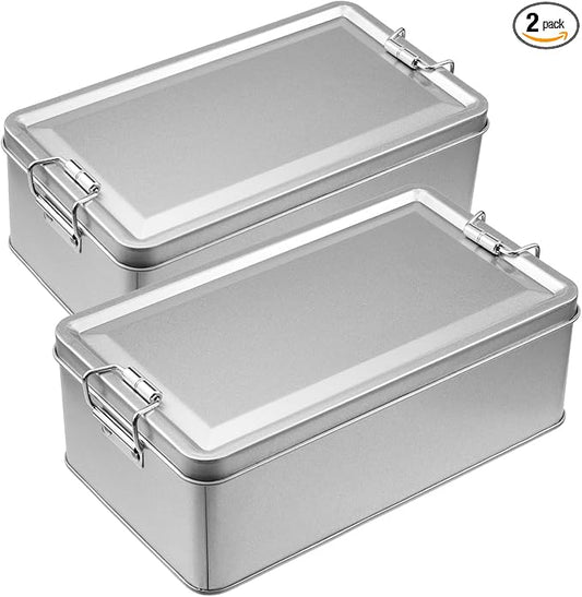 2 Pack Silver Tin Box Containers Metal Storage Box with Lids Rectangular Containers with Buckle Latch for Home Storage Outdoor Usage(7.28"×4.13"×2.56")