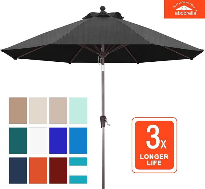 ABCCANOPY OLEFIN® 5-Year No Fading 9FT Outdoor Patio Umbrella(Dark Gray) | Fade & UV Resistant Fabric,8 Fiberglass Ribs，Wind Vent，Crank Lift & Tilt,Outdoor Table Umbrella for Deck,Backyard,Yard