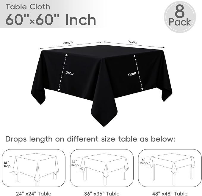8 Pack Black Square Tablecloth 60 x 60 Inch | Wrinkle Resistant, Washable, Polyester Fabric, Square Table Cloth for Dining Party Banquet Buffet Wedding
