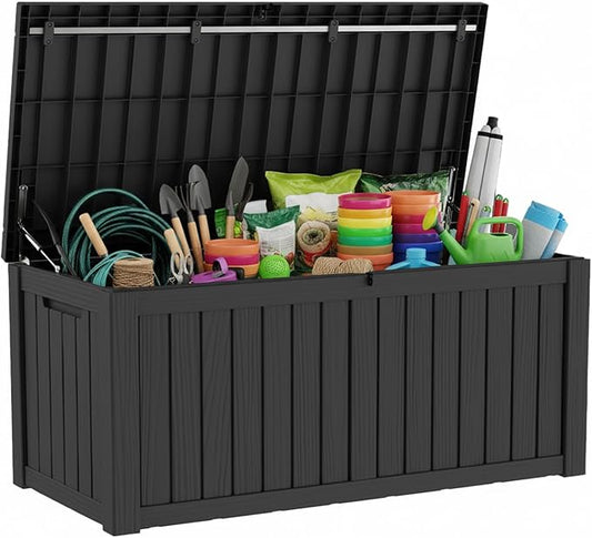 Pepe Tee Waterproof Resin Deck Box, Outdoor Storage Bin for Patio Furniture Cushions, All-Weather Garden Organizer & Seating Bench, Black