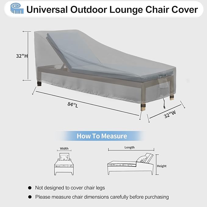OutdoorLines Outdoor Waterproof Patio Chaise Lounge Chair Cover - UV Resistant Lounger Covers Heavy Duty Weatherproof Patio Sofa Furniture Covers, 1 Pack, 84Wx32Dx32H Inches, Gray