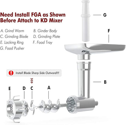 Meat Grinder Attachment for KitchenAid Stand Mixers, Accessories Included 3 Sausage Stuffer Tubes and 4 Grinding Plates, Metal Food Grinder Accessories by iVict