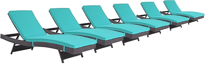 Modway Convene Wicker Rattan Outdoor Patio Chaise Lounge Chairs in Espresso Turquoise - Set of 6